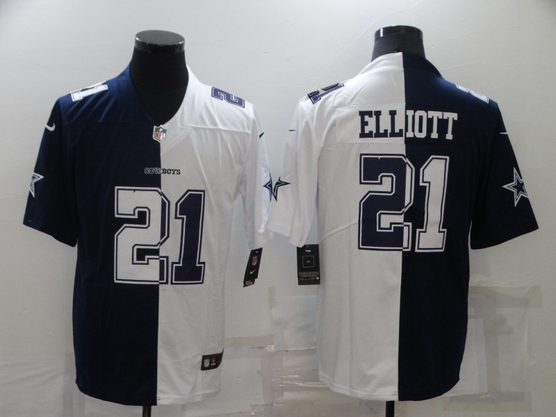Cheap 2021 Men Dallas cowboys 21 Elliott Blue white Half version Nike NFL Jerseys